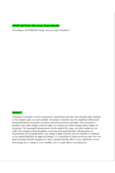 MGMT 404 Week 5 Discussion: Project Baseline
